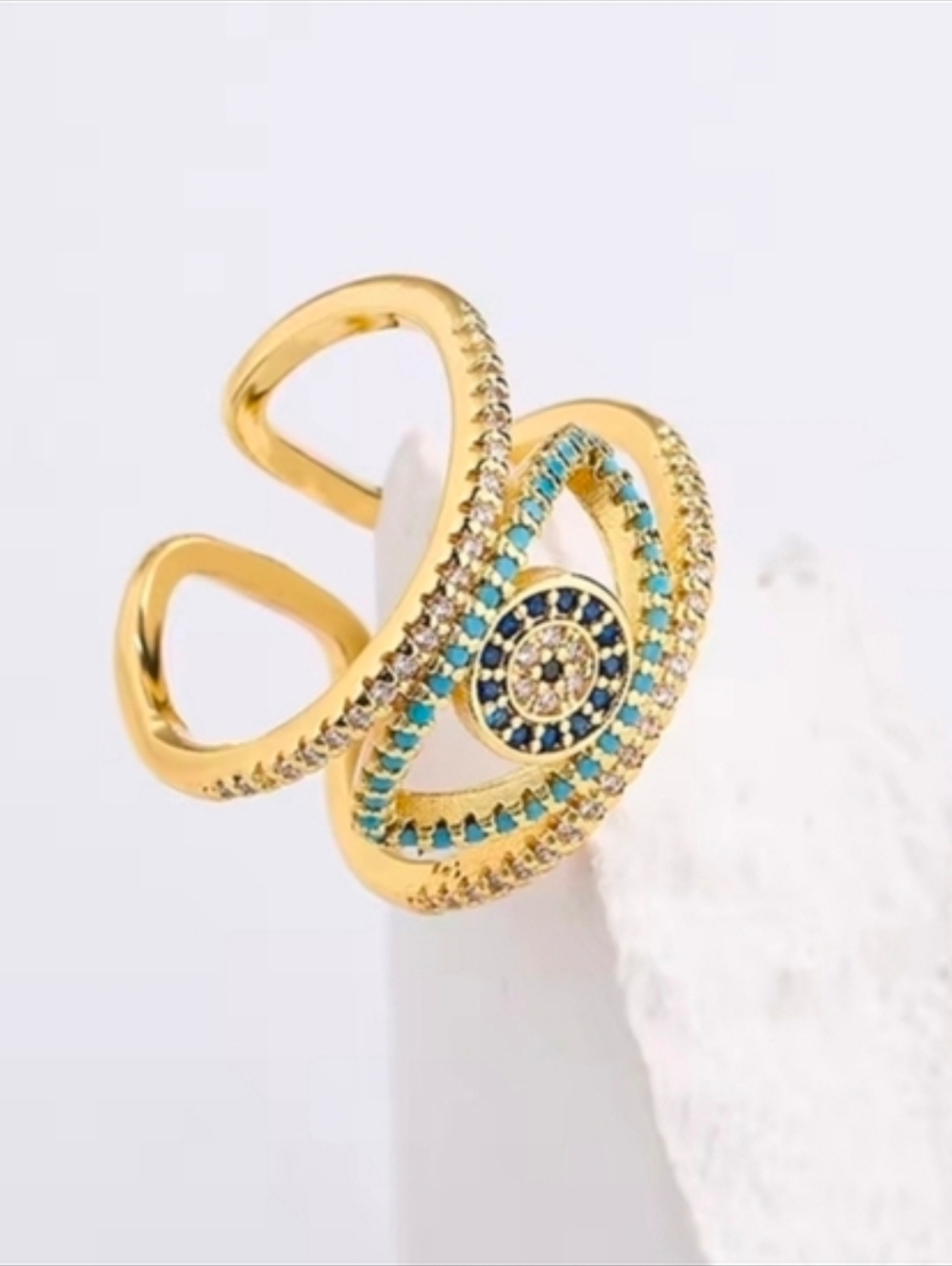 Gold-Tone Turquoise & Royal Blue Pavé Eye Open Ring - Picture 2 of 3